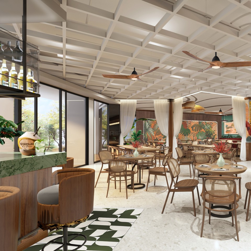 Stylish restaurant interior featuring natural decor, wooden furniture, and vibrant wall art, illuminated by ceiling fans and pendant lights.